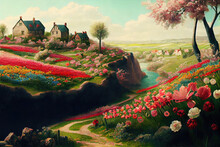 Rural Fantasy Spring Landscape With Farm Houses (Generative AI)