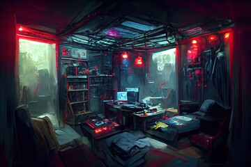 Generative AI illustration of messy and dark cyberpunk hacker hideout room with lights