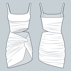 Asymmetric Draped Dress technical fashion illustration. Mini Dress fashion flat technical drawing template, cutouts, draped, straps, front and back view, white, women CAD mockup.