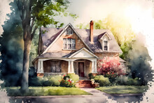 Watercolor Painting Of A Beautiful Countryside House. Summer Landscape.
