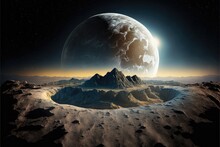 Planet And The Mountains On Far Off World. Two Worlds Overlooking. Space Fiction And Fantasy Concept. Generative Ai.
