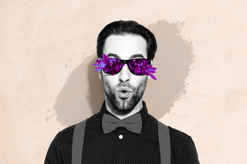 Poster - Composite collage image of impressed black white gamma person pouted lips flower sunglass isolated on painted background