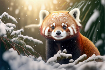 Wall Mural - Red panda on a snowy tree, snowfall in the forest, close up. Generative AI 