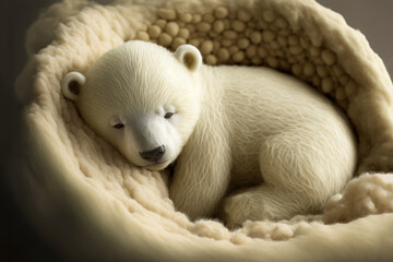 Wall Mural - Polar bear baby sleeping in a warm bed. Close up of a arctic bear cub resting. Generative AI 