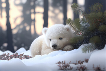 Canvas Print - Polar bear baby sitting on the snow. Forest trees background. AI generative