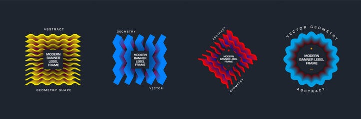 Poster - Vector banner template, modern geometric tag with zigzag shape, wavy elements in circle, square, rhombus, text in center.