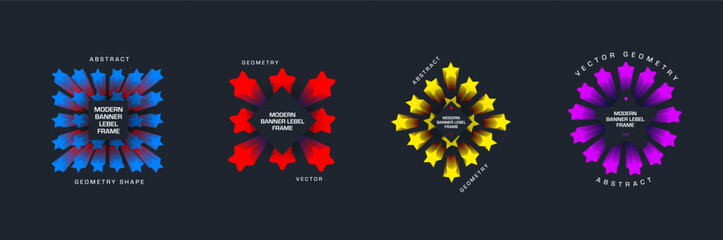 Poster - Vector tag template, gradient geometric banner with star shape in circle, square, rhombus, text in center.