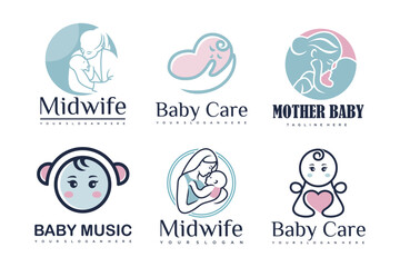 happy baby and mother icon set logo design.badges for children store & baby care center.illustration