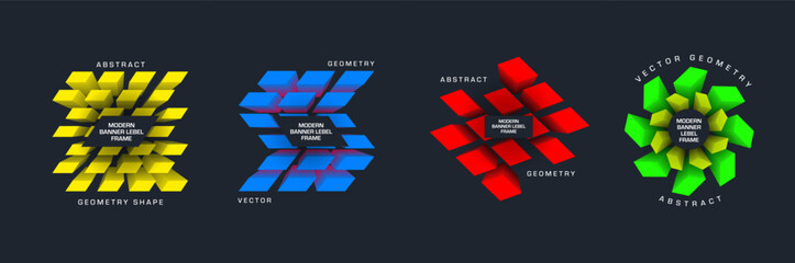 Poster - Vector banner template, gradient geometric tag with parallelogram in circle, square, rhombus, text in center.