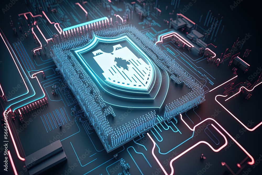 The concept of secure computing represented as a shield on a microchip ...