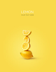 Wall Mural - Creative layout made of lemon on the yellow background. Flat lay. Food concept. Macro concept. 