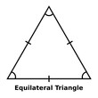Simple monochrome vector graphic of an equilateral triangle. This is a shape with three sides of equal length and all angles equal to sixty degrees