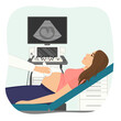 Medicine concept ultrasound pregnant woman scan and diagnostics. Doctor scanning pregnancy with scanner machine in hospital. Consultation and diagnosis. Fetal ultrasound medical vector illustration.