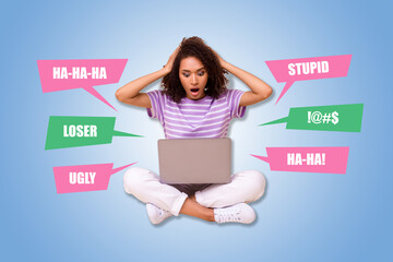 Sticker - Creative collage picture of impressed unsatisfied girl hands touch head use netbook read hateful comments messages