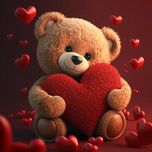 Cute Teddy Bear Hugging A Big Red Heart. Valentine's Day Concept. Post-produced Generative AI.