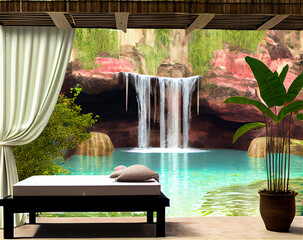 Wall Mural - Spa bed in a tropical lagoon with a waterfall in an exotic setting, generative AI