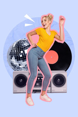 Wall Mural - Creative magazine banner collage of youngster lady dance rhythm occasion night club tape recorded gramophone player plate