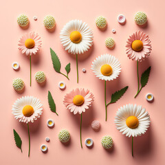 Wall Mural - Spring daisy flowers on a pink background. flay lay design. Generative ai