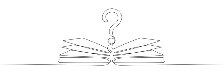 Poster - Open book and question mark one continuous line drawing. Vector illustration isolated on white.