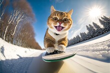 Cat Sitting On Top Of A Snowboard In The Snow. Generative Ai.