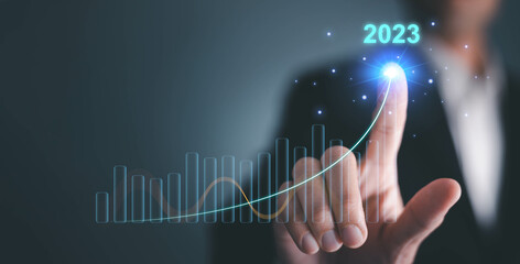 Wall Mural - Growth and development chart of company in new year 2023. Planning, long term investment, opportunity, challenge and business strategy in new year 2023. Development to success and motivation.