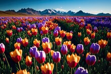 Beautiful Spring Colorful Panoramic Landscape Of Flower Meadow With Tulips Against Blue Sky With Clouds And Mountains.