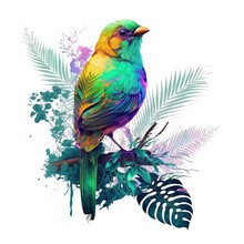 Colorful Vibrant Bird With Flowers In Vaporwave Style On Transparent Background