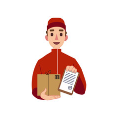 Sticker - Courier holding box and checklist isolated on white. Vector illustration of delivery express service. Delivery concept