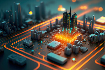 Wall Mural - Smart city on circuit board background. Futuristic cyberspace concept. Generative Ai