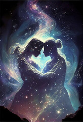 Cosmic Love: A Timeless Portrait of Two Spiritual Beings Entwined in an Eternal Embrace, digital art created with generative ai