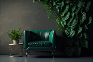 Wall Mural - Green plant wall background with leather armchair on empty concrete wall. Generative AI