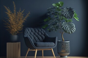 Wall Mural - Armchair and wooden table in living room interior with plant, dark blue wall. Generative AI