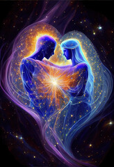 Cosmic Love: A Timeless Portrait of Two Spiritual Beings Entwined in an Eternal Embrace, digital art created with generative ai