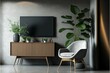 Cabinet TV in modern living room with armchair,lamp,table,flower and plant on concrete wall background. Generative AI