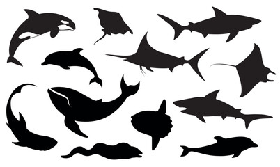 fish and sea animals. set of different fish. isolated black silhouettes.vector