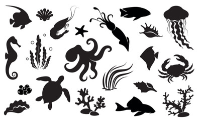 Set of sea animals and fish. Collection of sea and ocean life. Isolated black silhouette. Vector