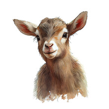 Cute Baby Goat In Brown Colors. Watercolor Illustration Created With Generative Ai Technology