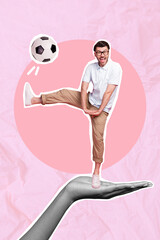 Poster - Photo design minimal collage photo of young soccer fan celebrate victory championship first place football dance isolated on pink color background