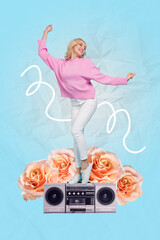 Canvas Print - Photo collage of young funky carefree relaxed woman chilling rhythm vibe retro cassette player lightness bloom roses isolated on blue background