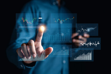 Aufkleber - Business planning and strategy concept. Stock market, Business growth, progress or success. Businessman use smartphone for trader is showing a growing virtual hologram stock, invest in trading...