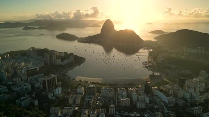 Fototapete - View of Rio de Janeiro With the Sugarloaf Mountain and Botafogo Beach on Golden Sunrise