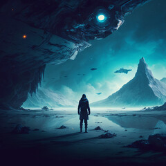 Wall Mural - generative ai astronaut exploring planet watching outer space. science fiction illustration of cosmo