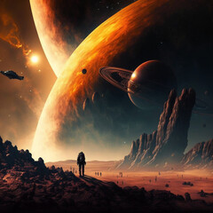 Wall Mural - generative ai astronaut exploring planet watching outer space. science fiction illustration of cosmo