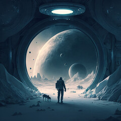 Wall Mural - generative ai astronaut exploring planet watching outer space. science fiction illustration of cosmo
