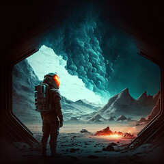 Wall Mural - generative ai astronaut exploring planet watching outer space. science fiction illustration of cosmo