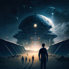 Wall Mural - generative ai astronaut exploring planet watching outer space. science fiction illustration of cosmo