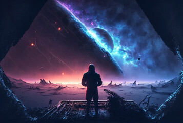 Wall Mural - generative ai astronaut exploring planet watching outer space.