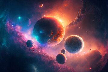 Generative ai illustration of planets and shining stars galaxy in space.