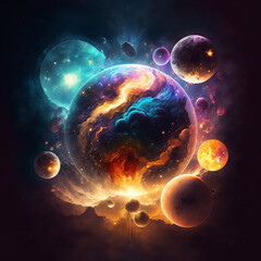 Wall Mural - generative ai illustration of planets and shining stars galaxy in space.