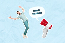 Creative Graphics Picture Image Collage Of Young Guy Shocked Advertise Microphone Antibody Antidote Covid Vaccination